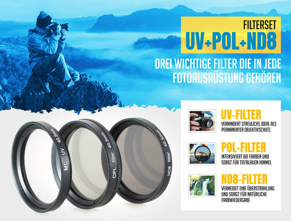 UV + Pol + ND8 Filter passend für Sony Alpha A6100 A6400 A6600 und 16-50mm Objektiv