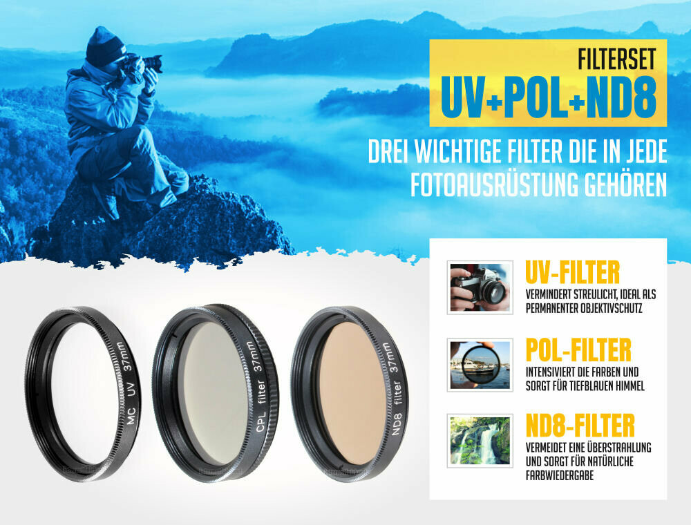 UV + Pol + ND8 Filter passend für Olympus PEN E-PL7 E-PL8 mit 14-42mm Obj.