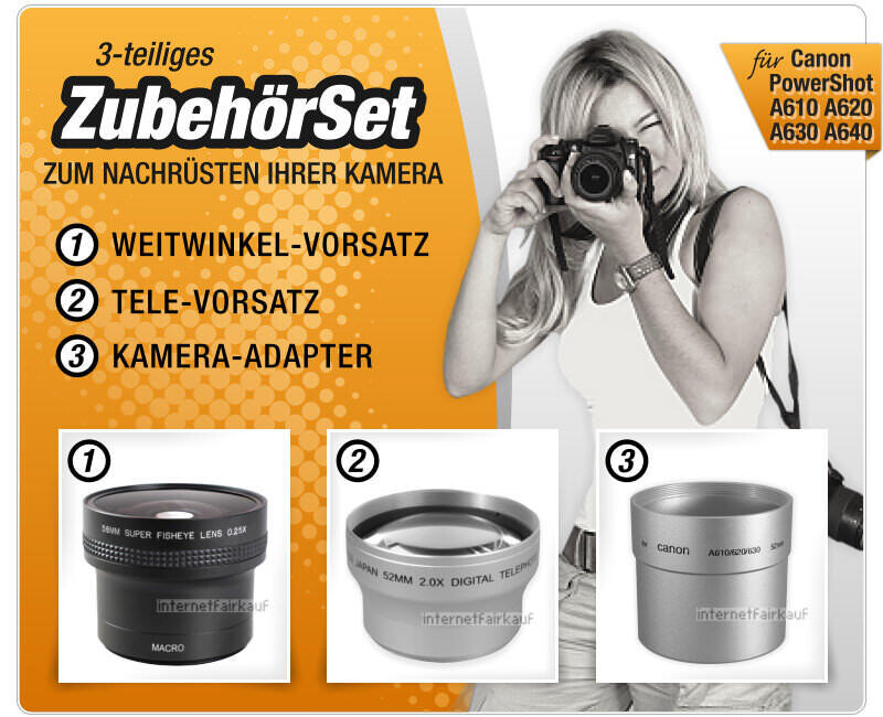 Set Weitwinkel + Tele + Adapter passend für Canon PowerShot A610 A620 A630 A640