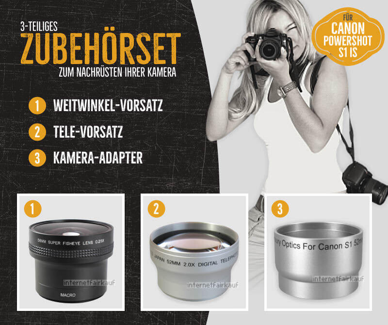 Konverter Set Weitwinkel + Tele + Adapter passend für Canon PowerShot S1 IS