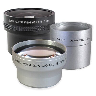 Set Weitwinkel + Tele + Adapter passend für Canon PowerShot A610 A620 A630 A640