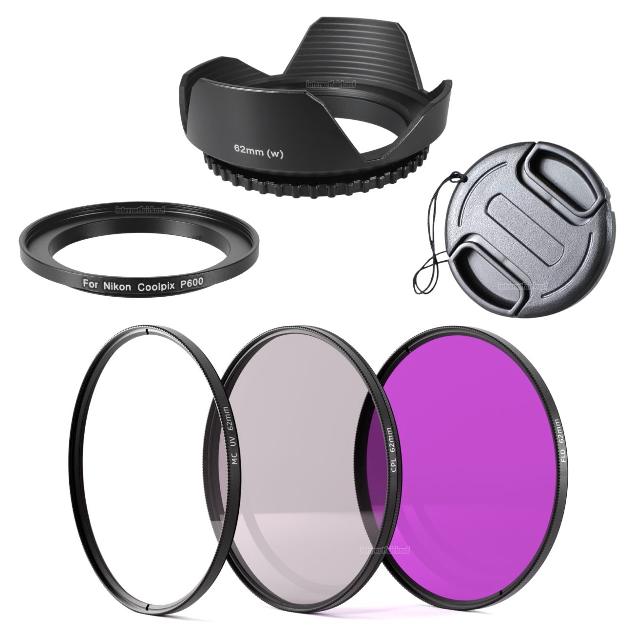 6-teiliges Zubehörset für Nikon P600 P610 B600 B700 - Filter Deckel Gegenlichtblende