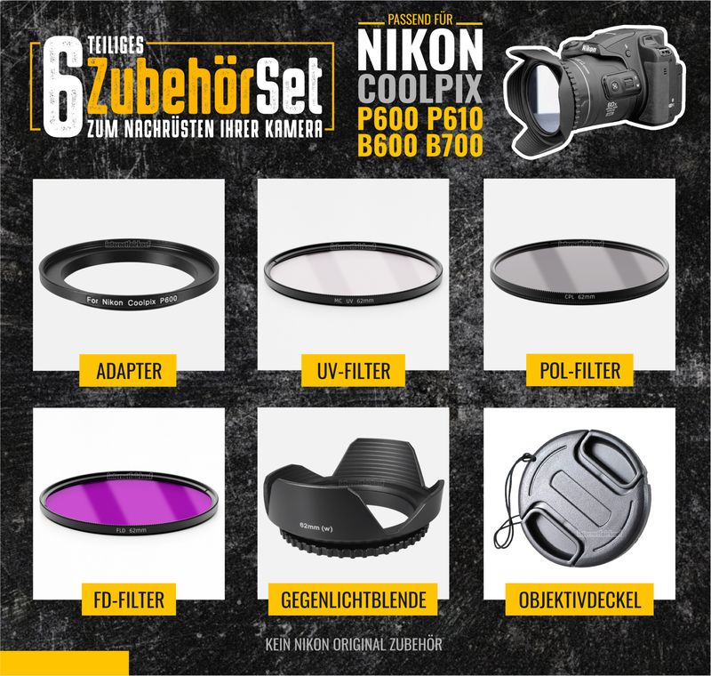 Zubehörset für Nikon P600 P610 B600 B700 - Filter Deckel Gegenlichtblende
