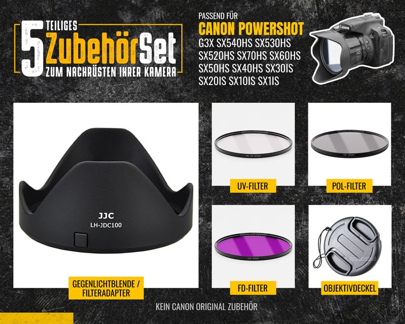 Set UV POL FLD Filter+Gegenlichtblende passend für Canon G3X SX540 SX530