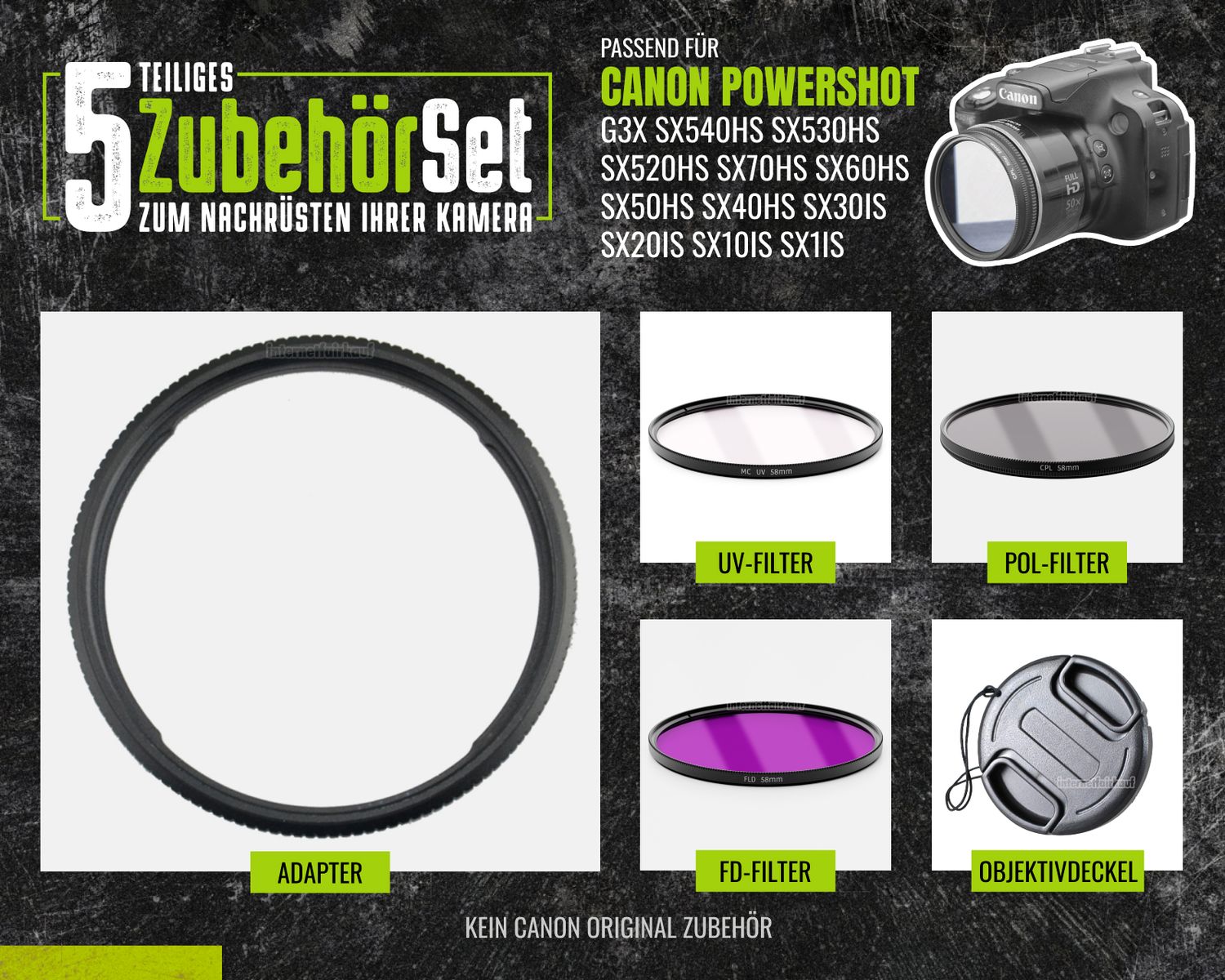 Set UV POL FLD Filter + Adapter passend für Canon PowerShot G3X SX540HS SX530HS u.a.