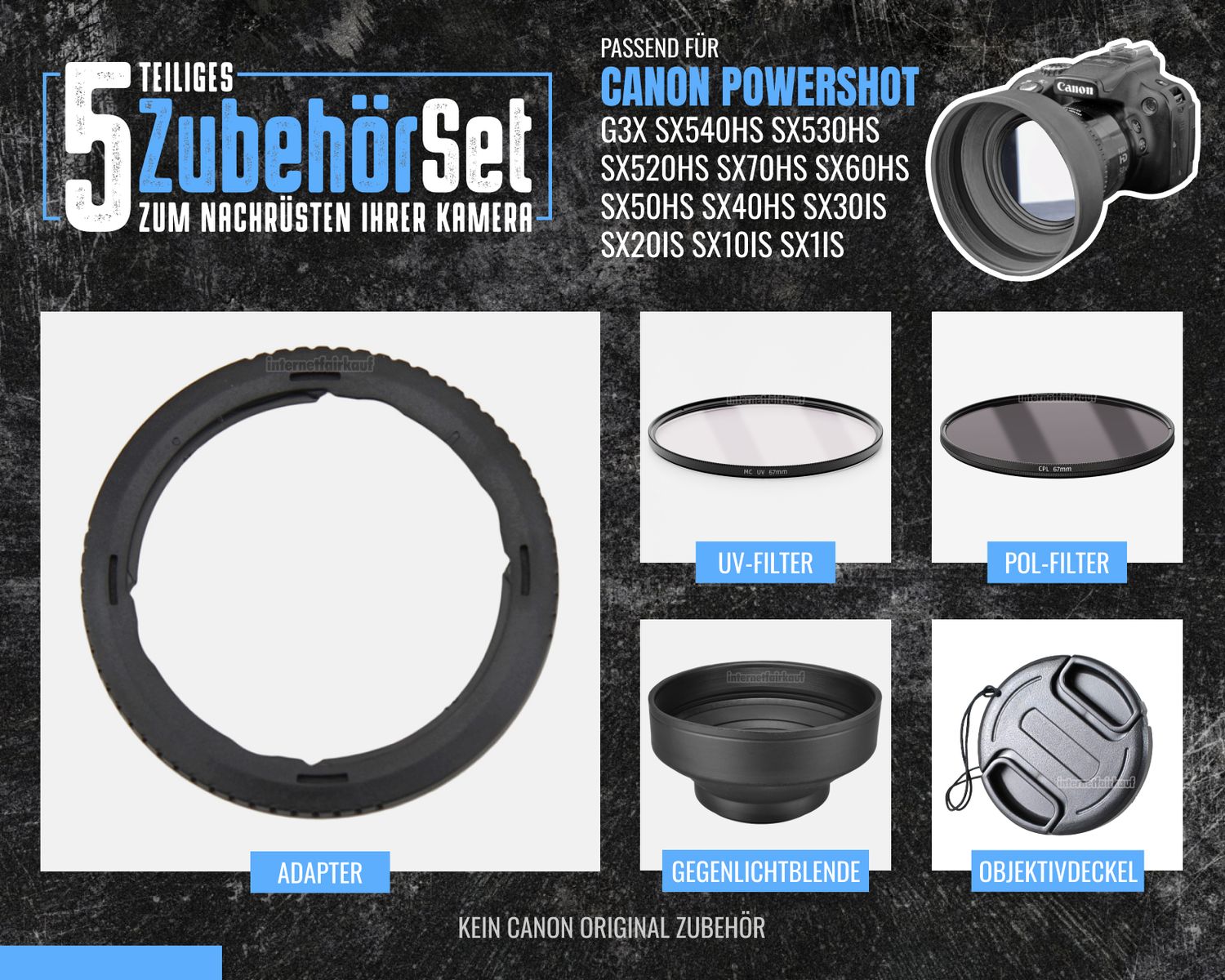 Set UV POL Filter Adapter Gegenlichtblendel passend für Canon PowerShot G3X SX540HS SX530HS u.a.
