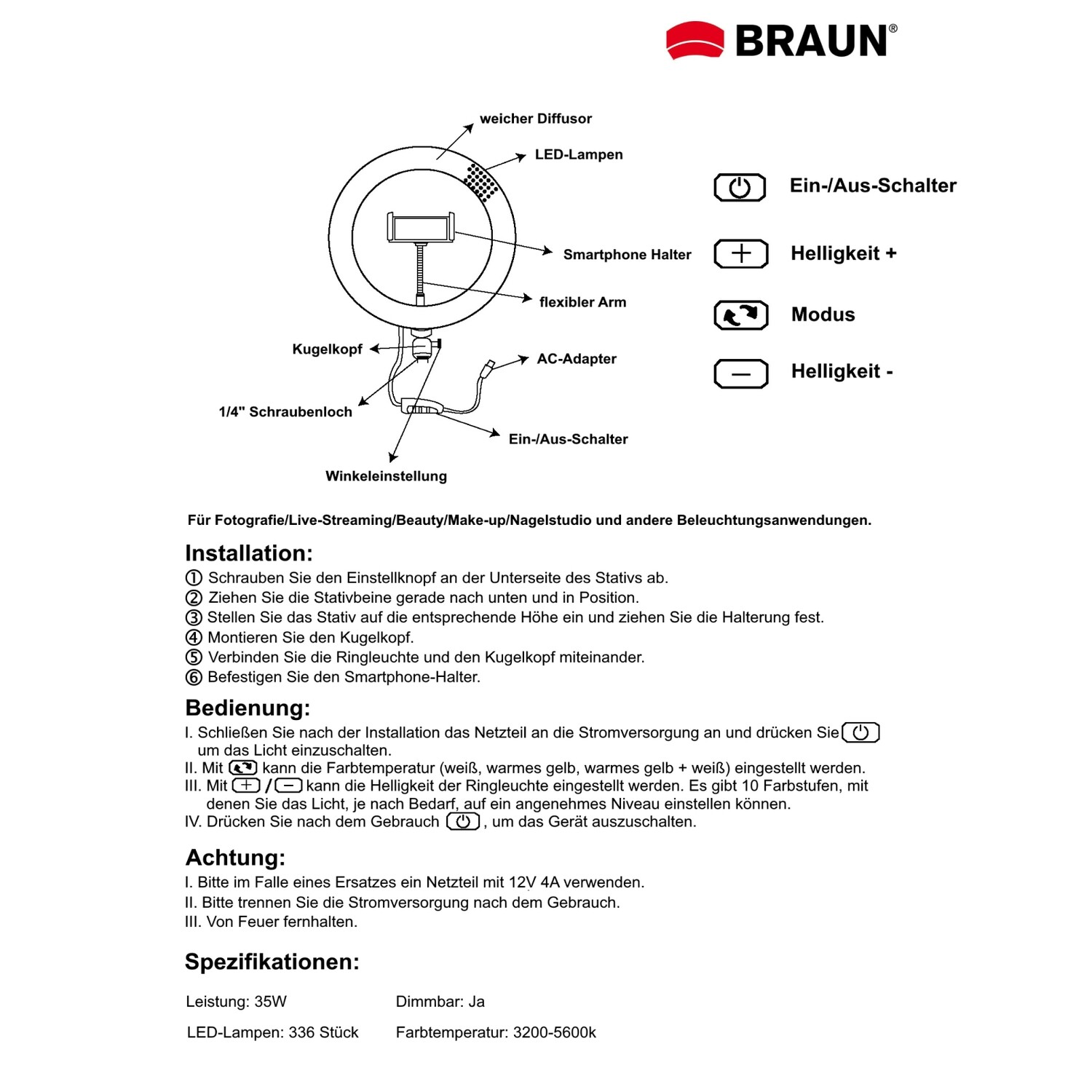 Braun VloggKit 140 - Vlogging Stativ incl. Ringlicht und Smartphone Klemme