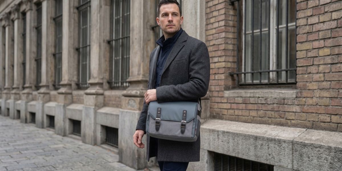 Ein elegant gekleideter Mann mit grauem Mantel trägt die praktische Foto-Umhängetasche im Messenger-Stil auf einer städtischen Straße.