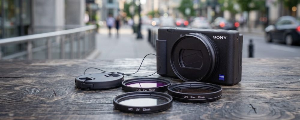 Ein Filterset in Form eines UV, Pol, FLD-Filters sowie eines Objektivdeckels für Sony RX100 VI, Sony RX100 VII liegt auf einem antiken Holztisch. Im Hintergrund eine belebte Citystraße.