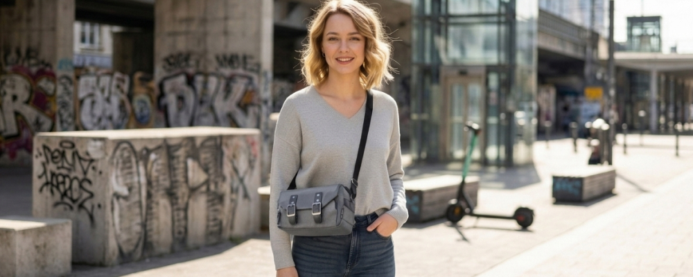 Eine lächelnde Frau in der Stadt trägt eine kleine, graue Kamera-Umhängetasche im Messenger-Stil mit Riemenverschlüssen.