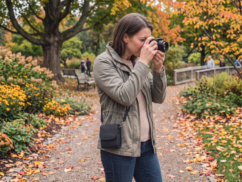 Eine kompakte Fototasche passend für eine Leica D-Lux 8 im Outdooreinsatz mit einer Fotografin, die eine Leica D-Lux 8 Kompaktkamera verwendet.