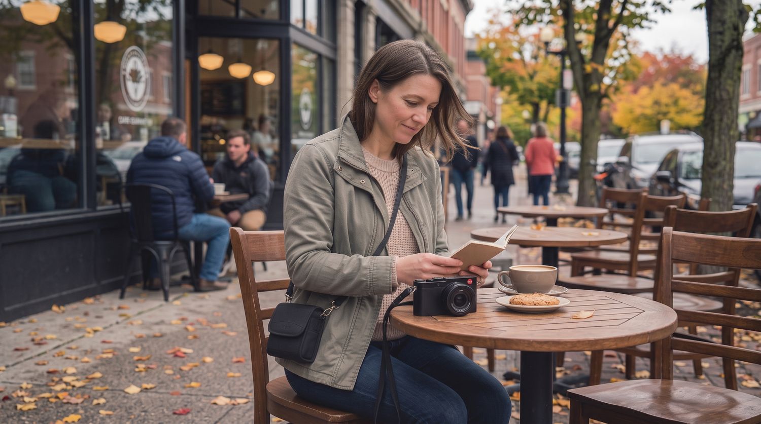 Eine Frau am Café-Tisch nutzt die kompakte Kameratasche als praktische Umhängetasche für ihre Leica D-Lux 8.