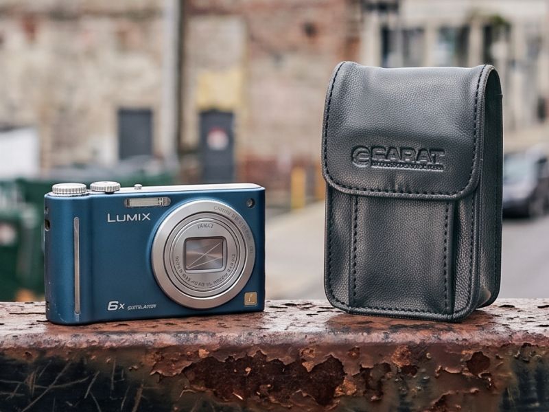 Schwarze Carat Leder-Kameratasche mit Gürtelschlaufe neben einer blauen Panasonic Lumix DMC-ZX1 Kompaktkamera auf einem verrosteten Geländer.