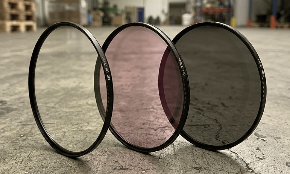 Kamera-Filterset mit einem 77mm MC-UV-Filter, CPL-Polfilter und ND8-Graufilter, aufgestellt auf einem rissigen Betonboden in einer Lagerhalle.