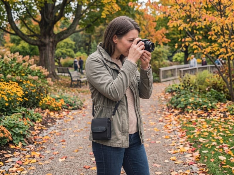 Eine kompakte Fototasche passend für eine Leica D-Lux 8 im Outdooreinsatz mit einer Fotografin, die eine Leica D-Lux 8 Kompaktkamera verwendet.