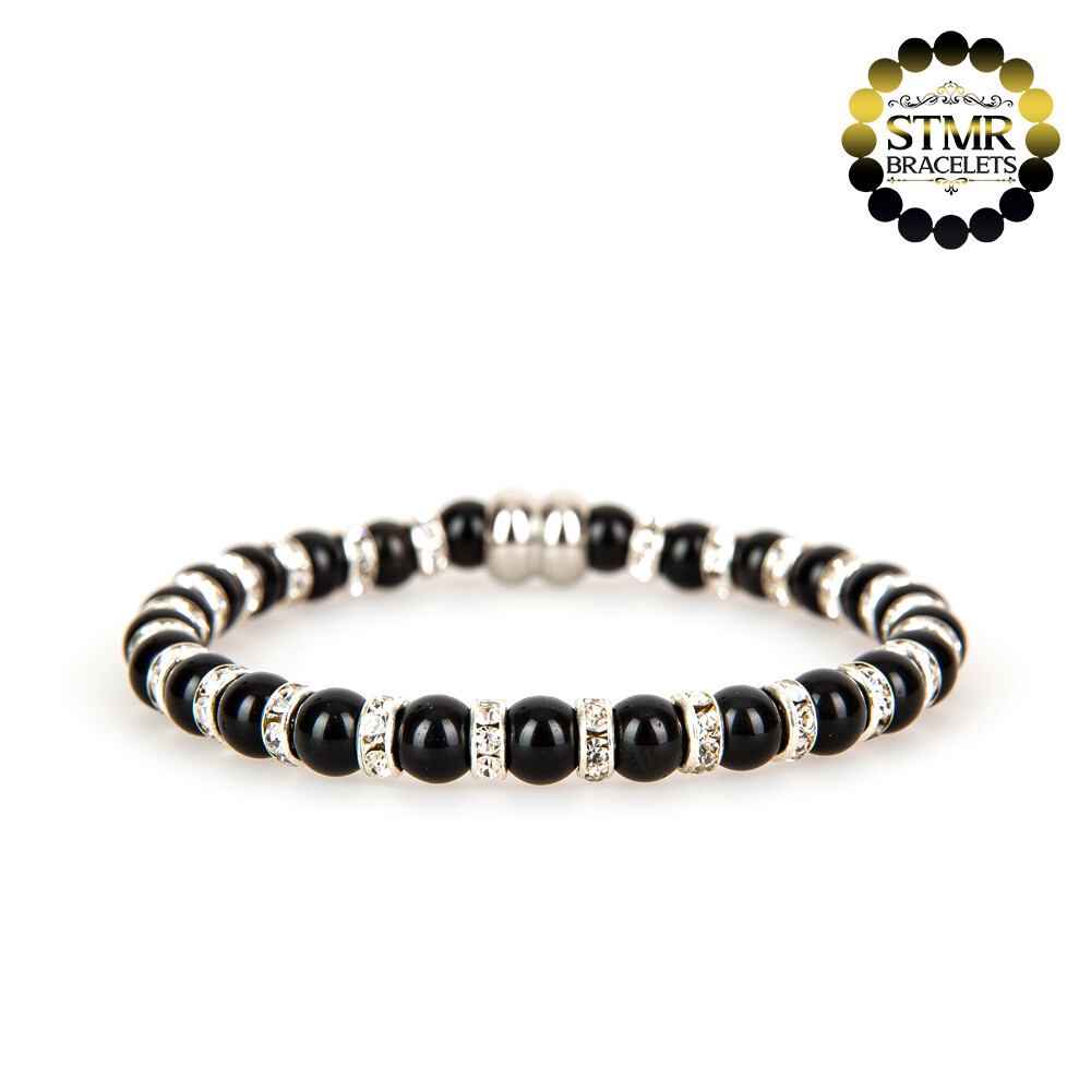 Obsidian Bracelet / Crystal-Silver / 6mm Natural Stones