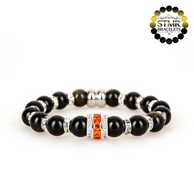 Obsidian Bracelet / Orange and Silver / 8mm Natural Stones