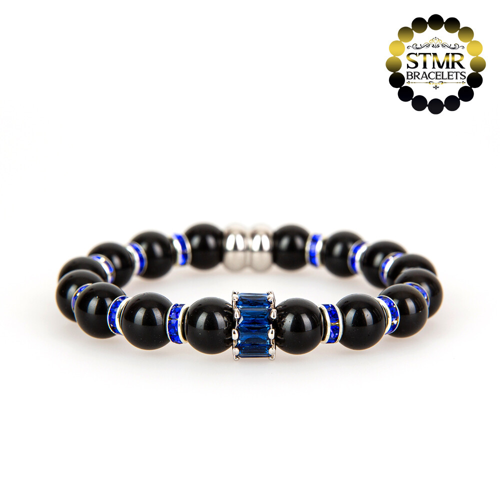 Obsidian Bracelet / Sapphire and Silver / 8mm Natural Stones