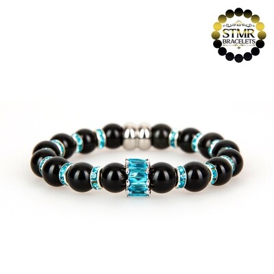 Obsidian Bracelet / Aquamarine and Silver / 8mm Natural Stones
