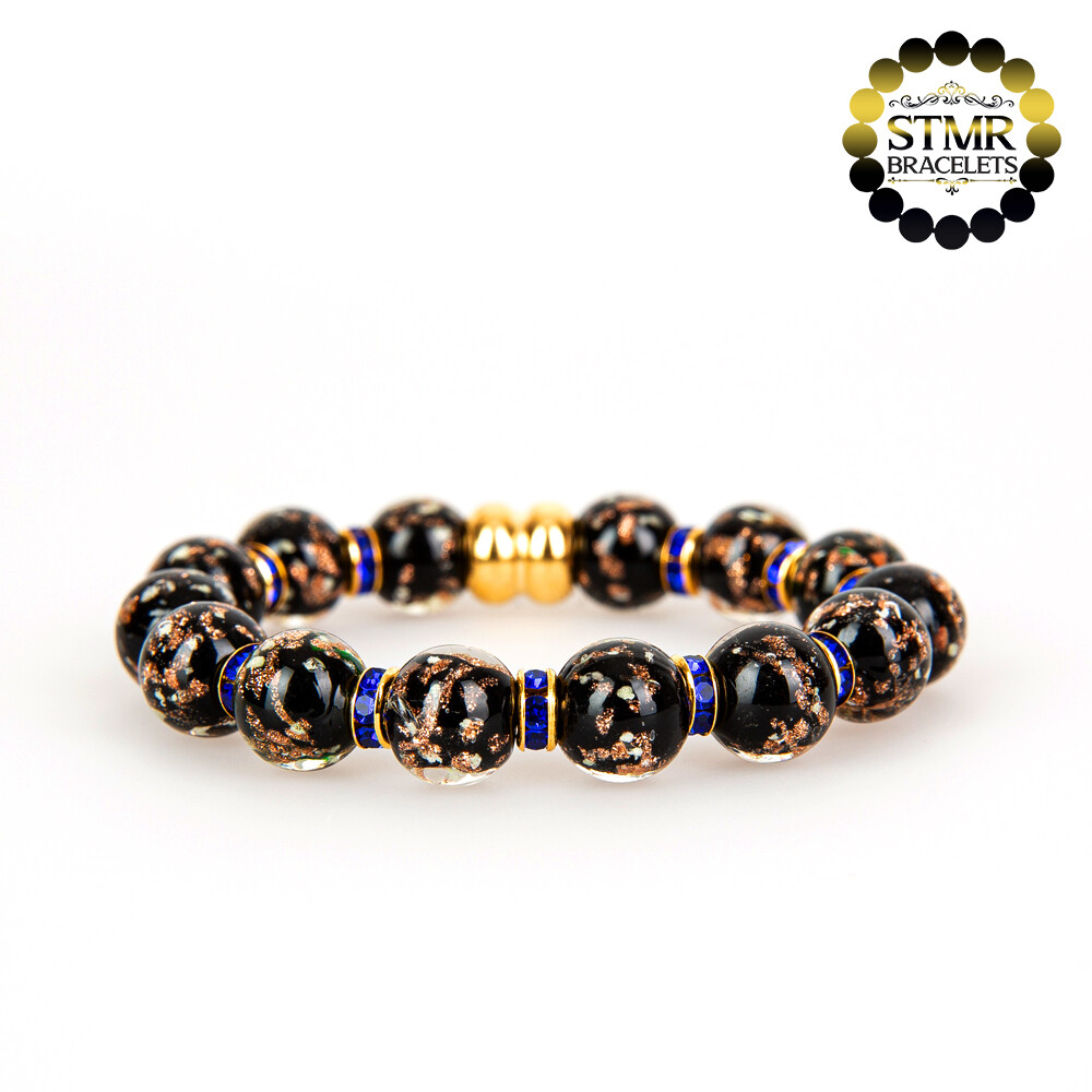 Lampwork Bracelet (foiled) / Sapphire-Gold / 10mm Pearls