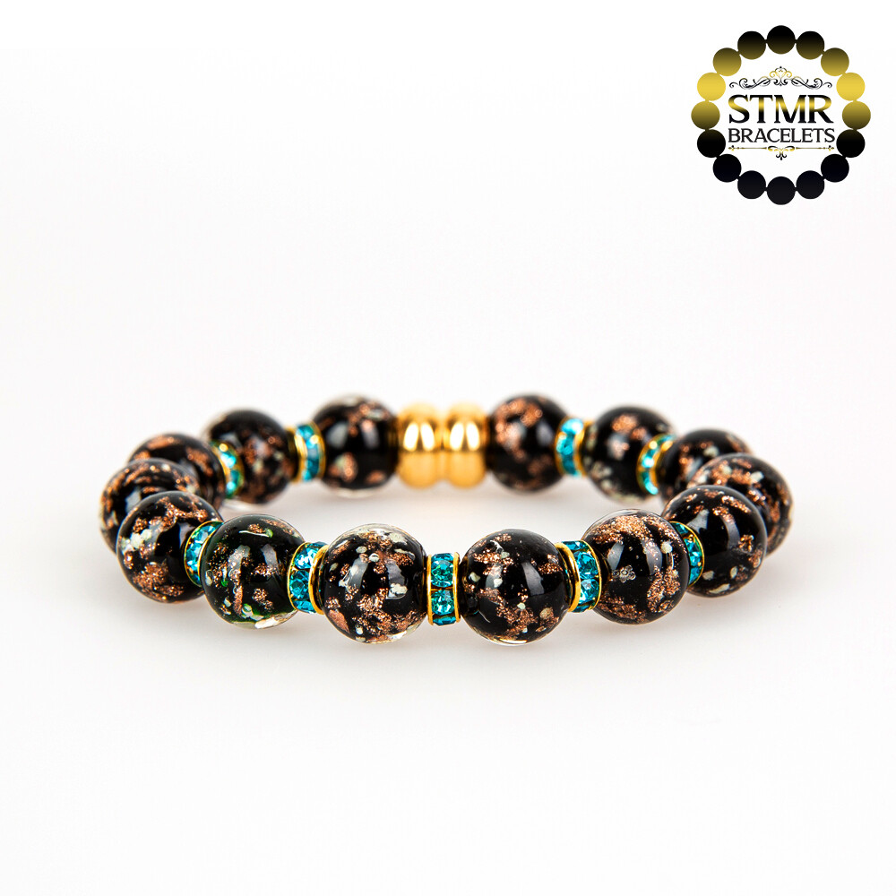 Lampwork Bracelet (foiled) / Aquamarine-Gold / 10mm Pearls