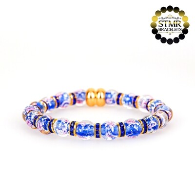 Lampwork Bracelet / Sapphire-Gold / 8mm Pearls