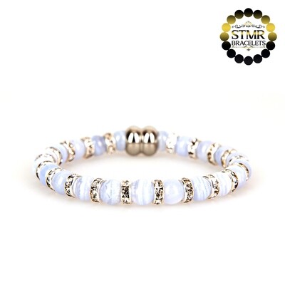 Agate Bracelet (bluish) / Crystal-Silver / 6mm Natural Stones