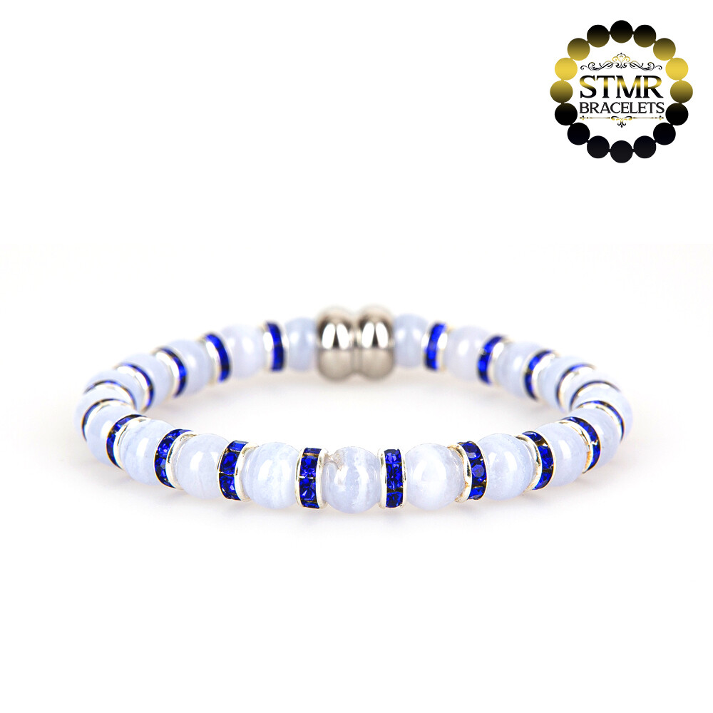Agate Bracelet (bluish) / Sapphire-Silver / 6mm Natural Stones