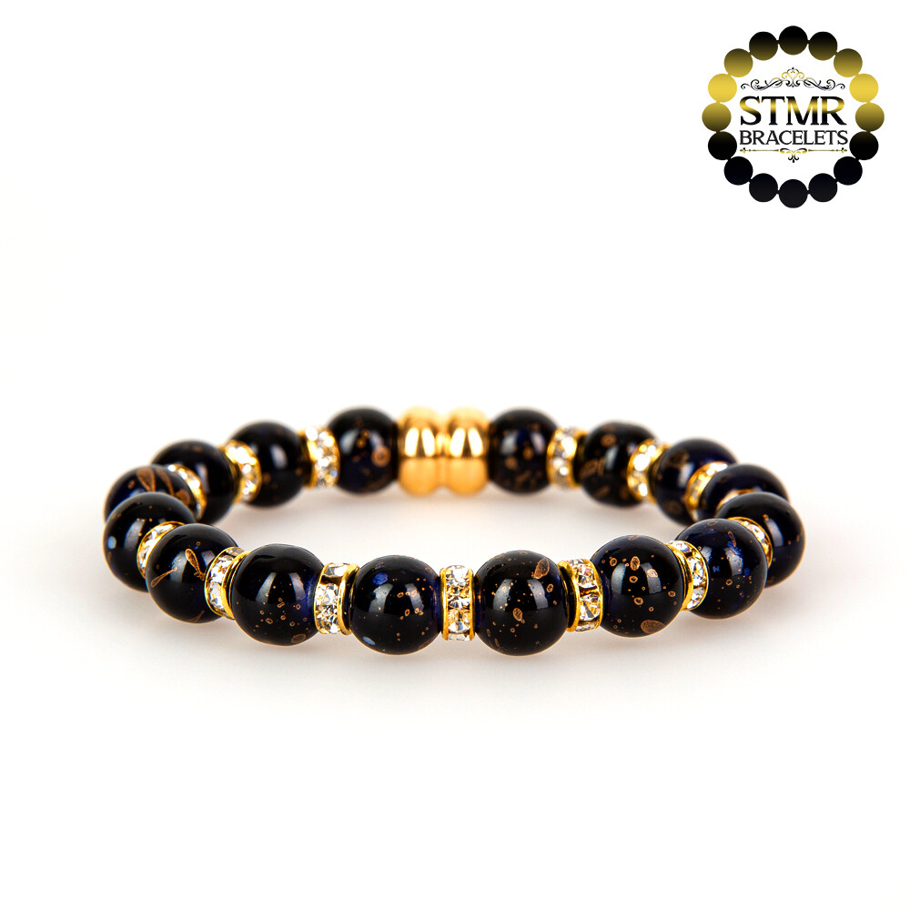 Resin Bracelet / Prussian Blue + Crystal-Gold / 8mm Pearls