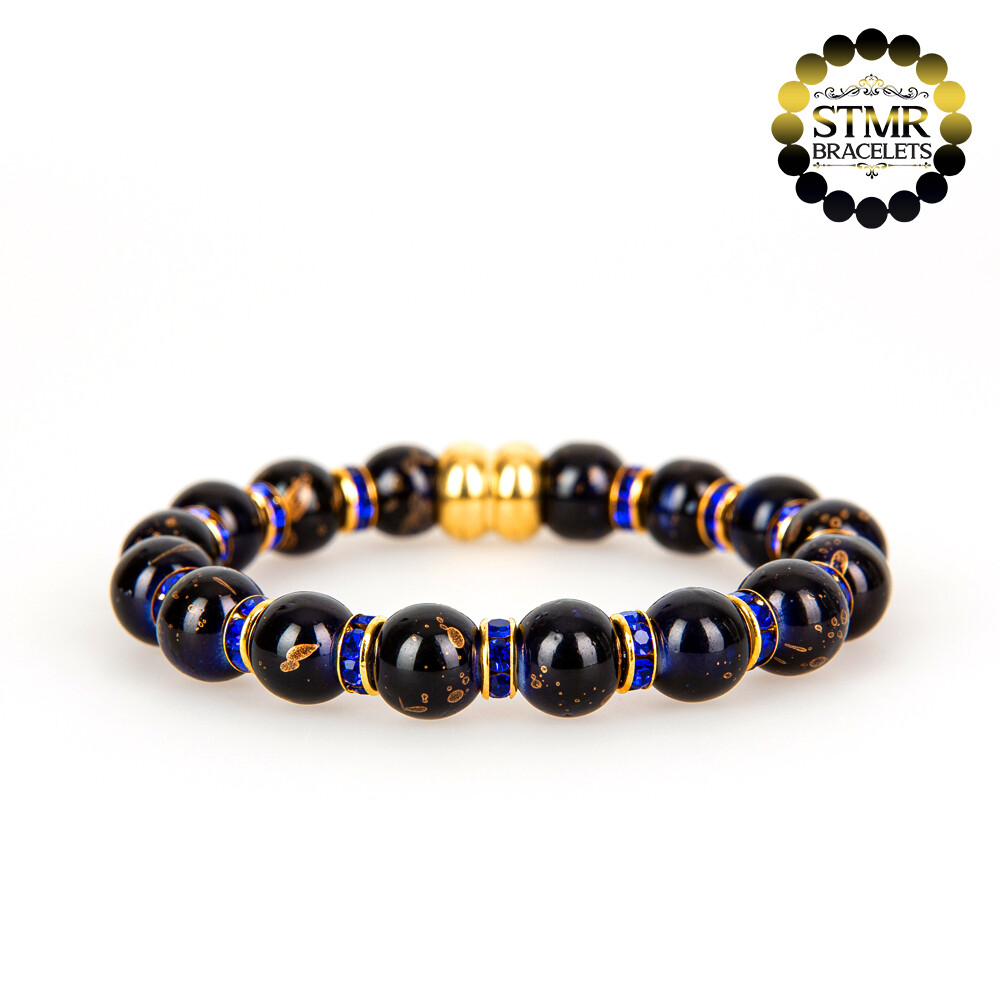Resin Bracelet / Prussian Blue + Sapphire-Gold / 8mm Pearls