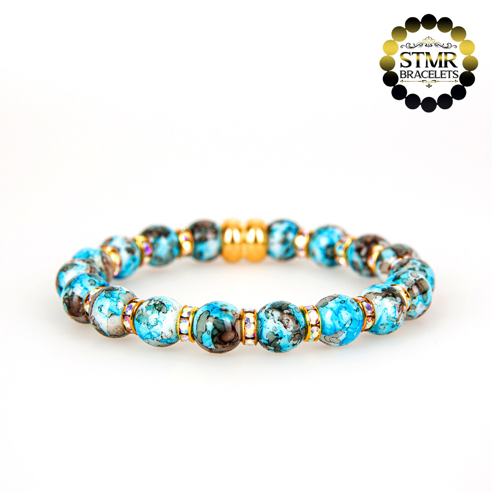 Resin Bracelet / Light Blue + Crystal AB-Gold / 8mm Pearls