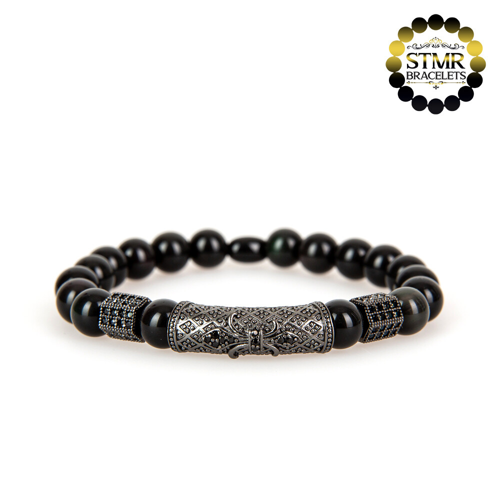 Obsidian Bracelet / Curved Tube &amp; Hexagon / 8mm Stones