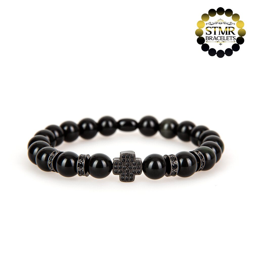 Obsidian Bracelet / Cross &amp; Round Spacer / 8mm Stones