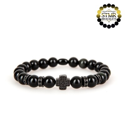 Obsidian Bracelet / Cross &amp; Round Spacer / 8mm Stones