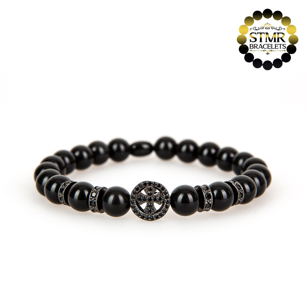 Obsidian Bracelet / Round with Cross &amp; Round Spacer / 8mm Stones