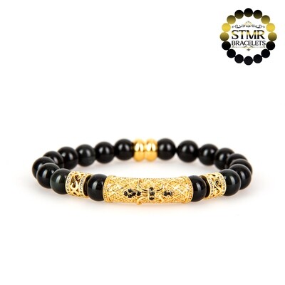 Obsidian Bracelet / Curved Gold Tube &amp; Column Spacer / 8mm Stones