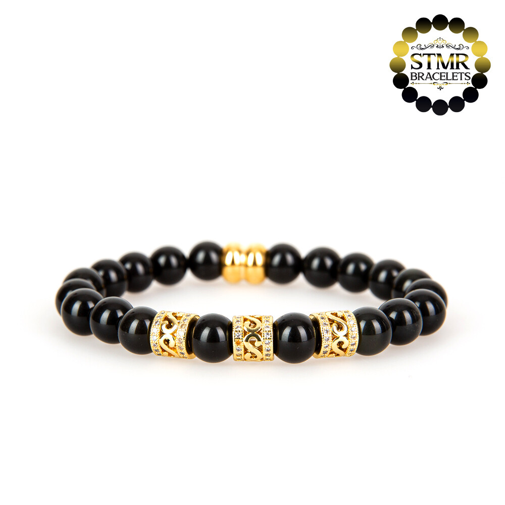 Obsidian Bracelet / Gold Column Spacer / 8mm Stones