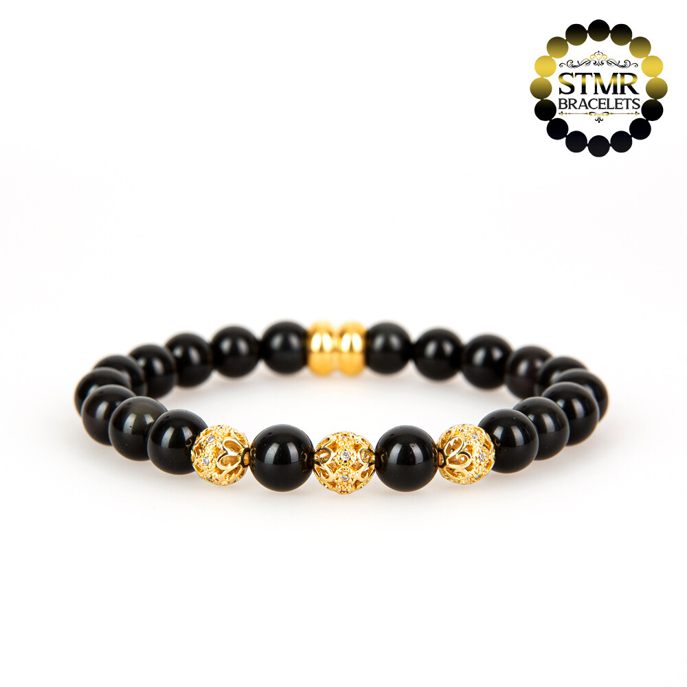 Obsidian Bracelet / Gold Bullets Small / 8mm Stones