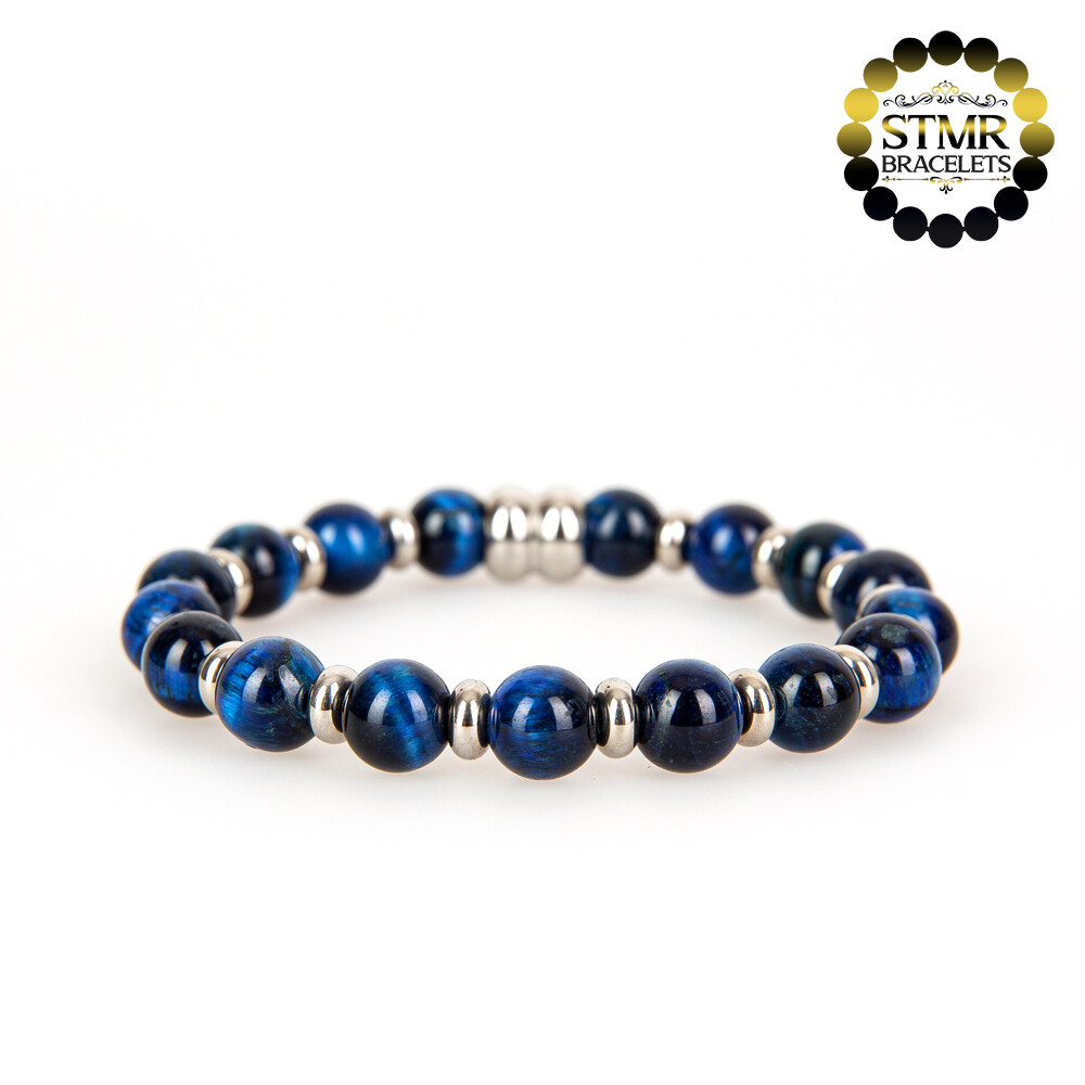 Tiger Eye Bracelet (blue) / Silver / 8mm Natural Stones