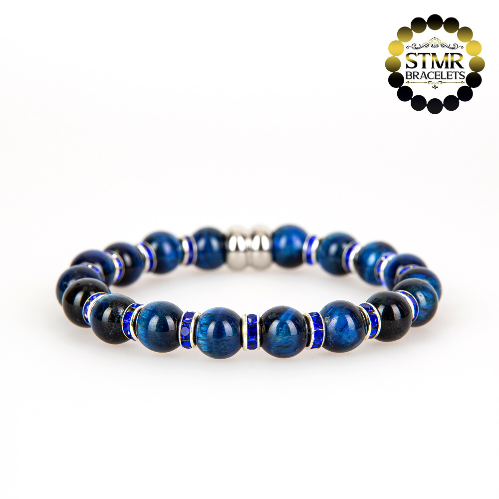 Tiger Eye Bracelet (blue) / Sapphire-Silver / 8mm Natural Stones