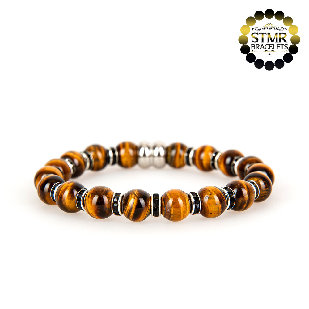 Tiger Eye Bracelet (bright brown, shiny) / Jet-Silber / 8mm Natural Stones