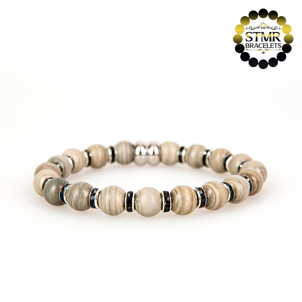 Jasper Bracelet (grey, bright) / Jet-Silver / 8mm Natural Stones