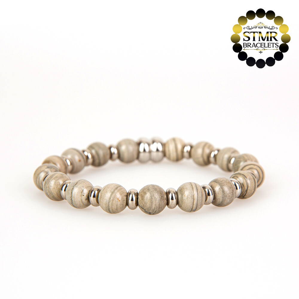 Jasper Bracelet (grey, bright) / Silver / 8mm Natural Stones