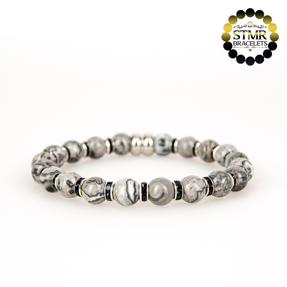 Jasper Bracelet (grey) / Jet-Silver / 8mm Natural Stones
