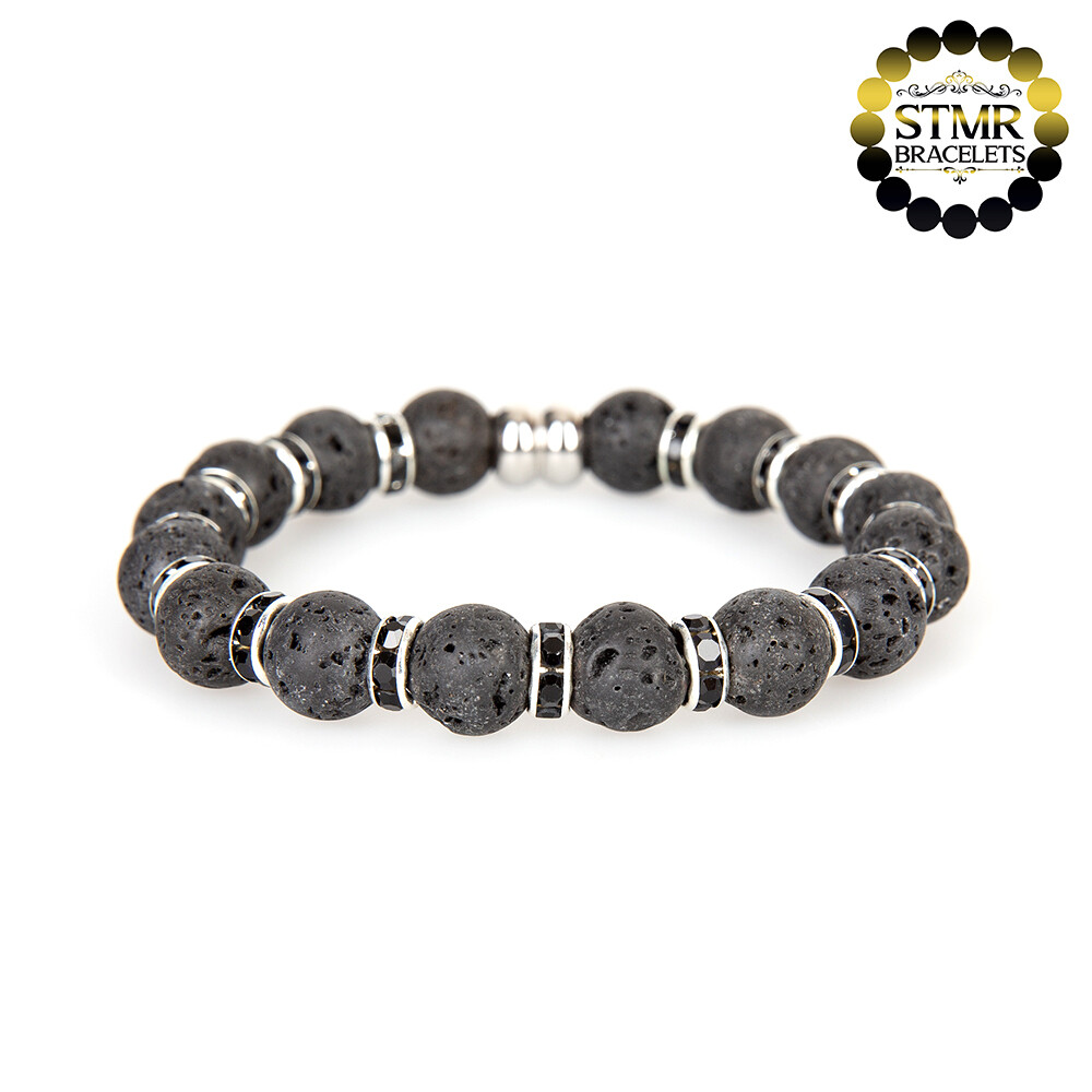 Lava-Stone Bracelet / Jet-Silver / 10mm Stones