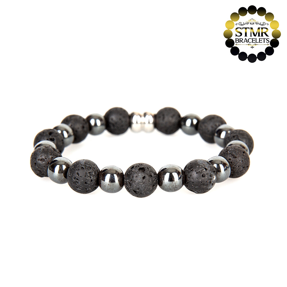 Lava-Stone + Hematite Bracelet / Black-Silver / 10mm Stones