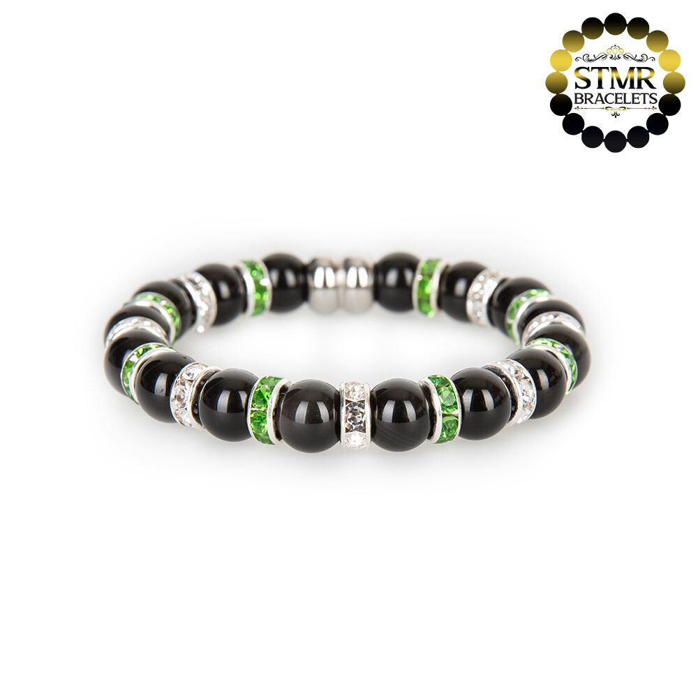 Obsidian Bracelet / Crystal + Peridot-Silver / 8mm Natural Stones