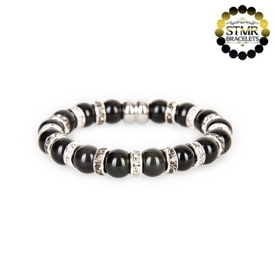 Obsidian Bracelet / Crystal + Black Diamond-Silver / 8mm Natural Stones