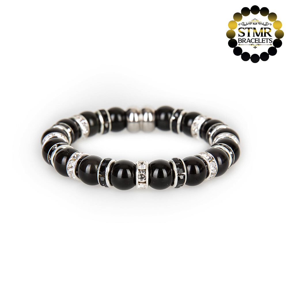 Obsidian Bracelet / Crystal + Jet-Silver / 8mm Natural Stones