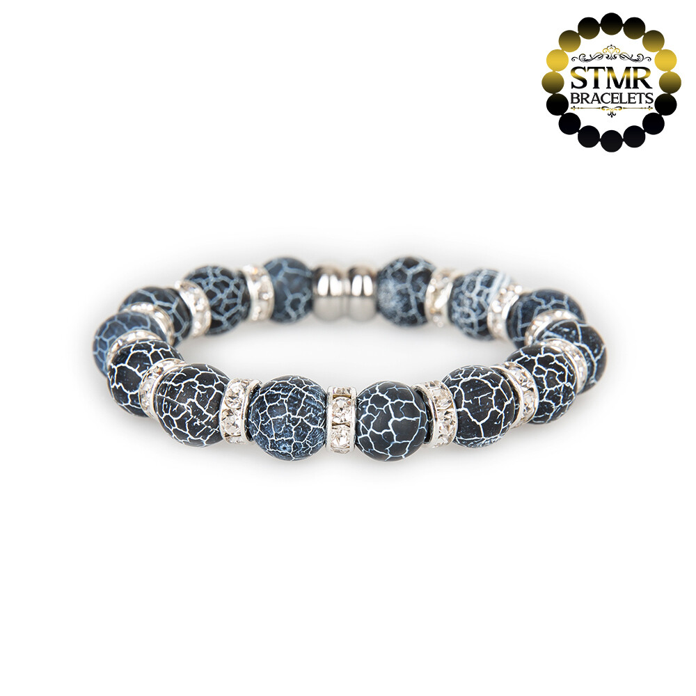 Agate Bracelet (black, frosted) / Crystal-Silver / 10mm Natural Stones